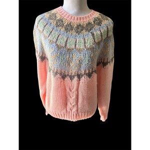 Vintage 90s Le Pullover Fair Isle Chunky Preppy Sweater Pastel Pink Women's Sz L